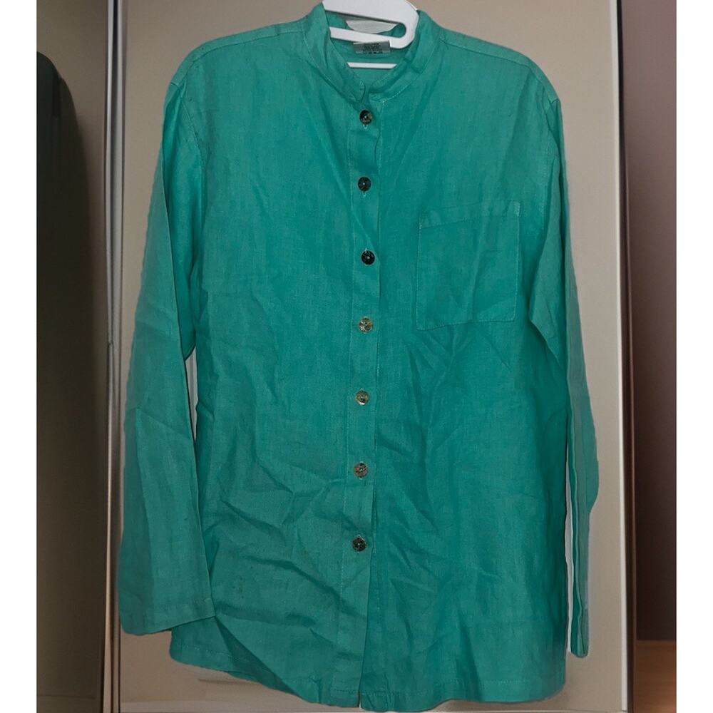 Click by Color Me Cotton Women's Small Turquoise 100%Linen Button-Down Tunic Top